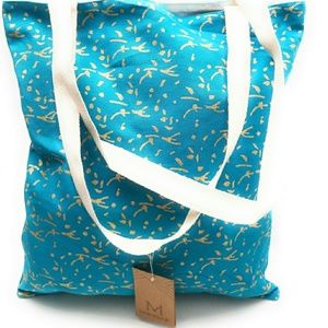 Batik Teal and Gold Metallic Block Print Shopper